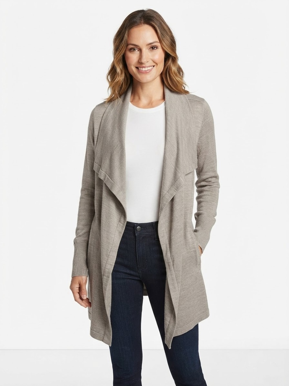 Eddie Bauer Taupe Gray Merino Wool Blend Draped Open Front Cardigan Size XL